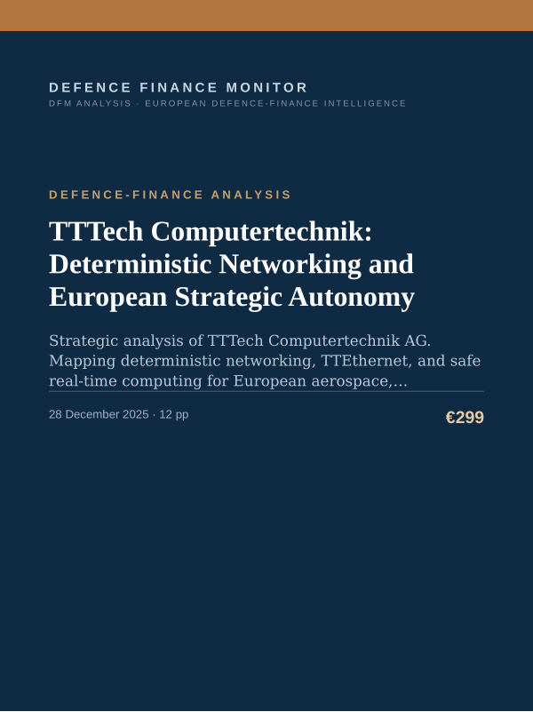 Cover of the DFM report “TTTech Computertechnik: Deterministic Networking and European Strategic Autonomy” — Defence-Finance Analysis, 12-page PDF