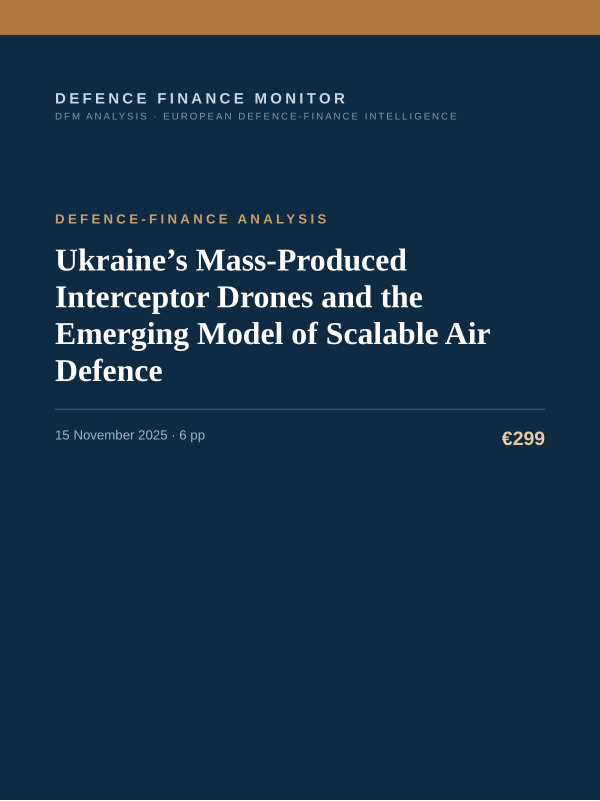 Cover of the DFM report “Ukraine’s Mass-Produced Interceptor Drones and the Emerging Model of Scalable Air Defence” — Defence-Finance Analysis, 6-page PDF