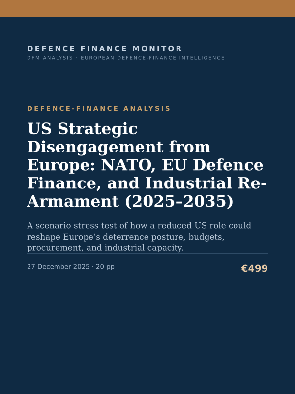 Cover of the DFM report “US Strategic Disengagement from Europe: NATO, EU Defence Finance, and Industrial Re-Armament (2025–2035)” — Defence-Finance Analysis, 20-page PDF