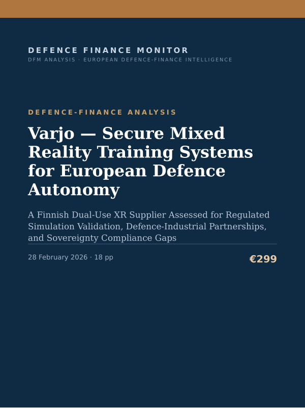 Cover of the DFM report “Varjo — Secure Mixed Reality Training Systems for European Defence Autonomy” — Defence-Finance Analysis, 18-page PDF