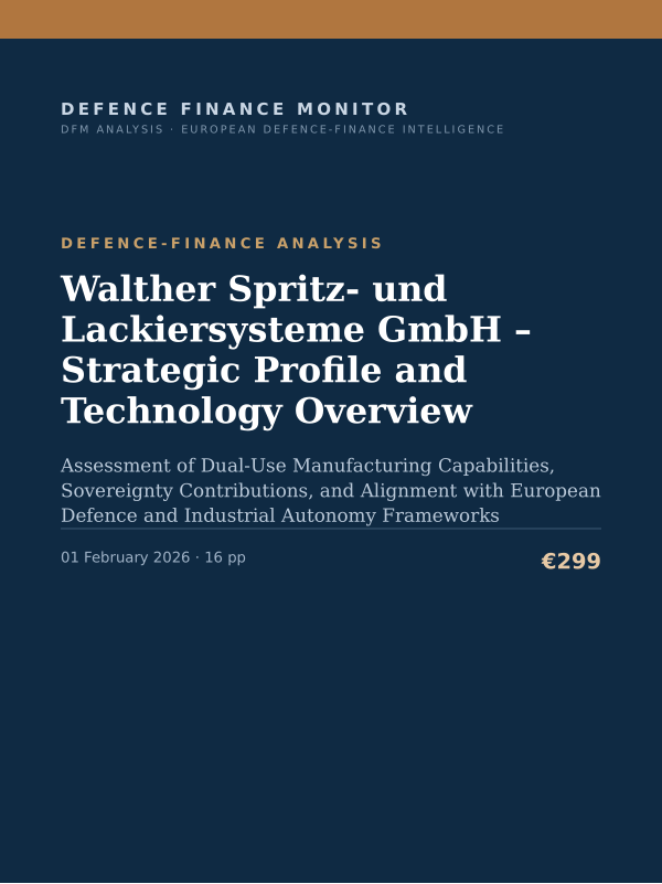 Cover of the DFM report “Walther Spritz- und Lackiersysteme GmbH – Strategic Profile and Technology Overview” — Defence-Finance Analysis, 16-page PDF