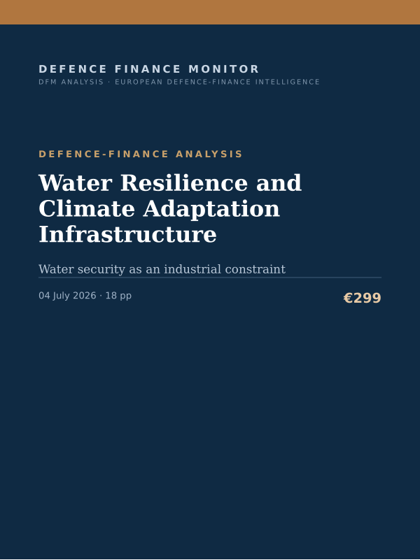 Cover of the DFM report “Water Resilience and Climate Adaptation Infrastructure” — Defence-Finance Analysis, 18-page PDF