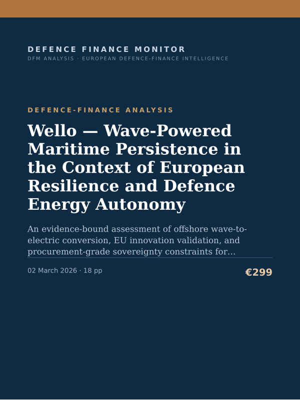 Cover of the DFM report “Wello — Wave-Powered Maritime Persistence in the Context of European Resilience and Defence Energy Autonomy” — Defence-Finance Analysis, 18-page PDF