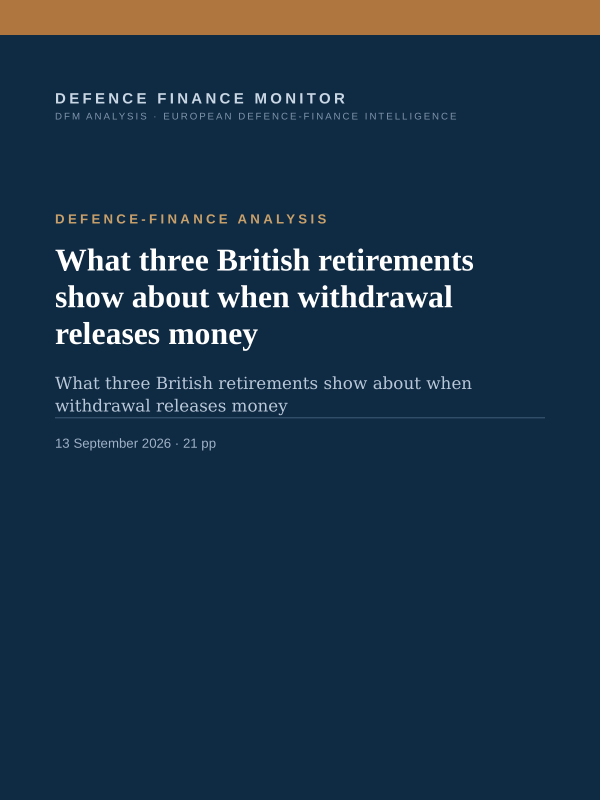 Cover of the DFM report “What three British retirements show about when withdrawal releases money” — Defence-Finance Analysis, 21-page PDF