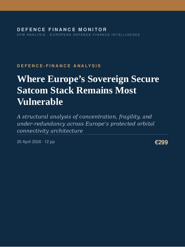 Cover of the DFM report “Where Europe’s Sovereign Secure Satcom Stack Remains Most Vulnerable” — Defence-Finance Analysis, 12-page PDF