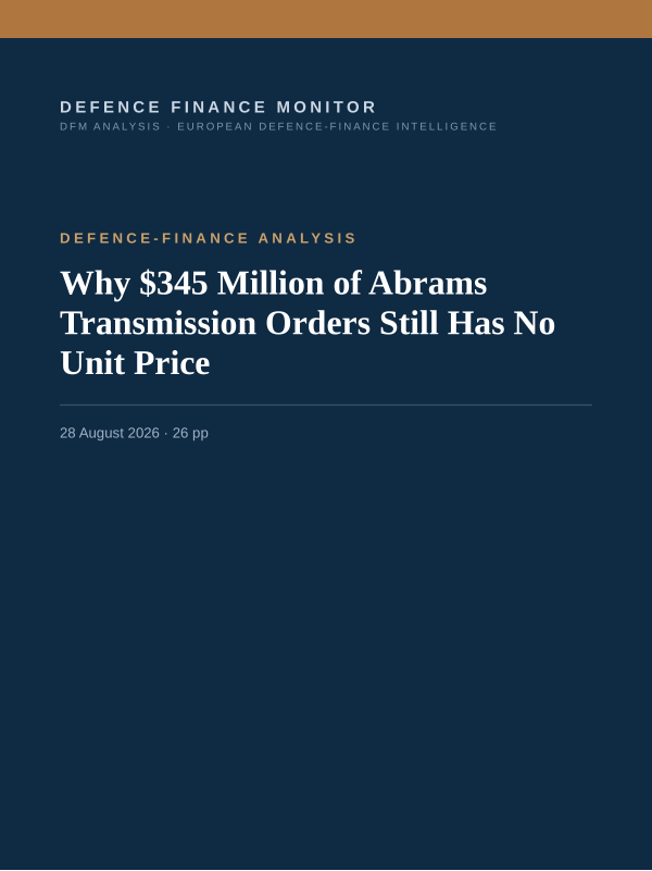Cover of the DFM report “Why $345 Million of Abrams Transmission Orders Still Has No Unit Price” — Defence-Finance Analysis, 26-page PDF