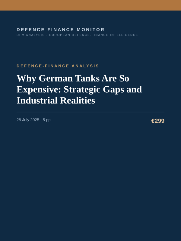 Cover of the DFM report “Why German Tanks Are So Expensive: Strategic Gaps and Industrial Realities” — Defence-Finance Analysis, 5-page PDF