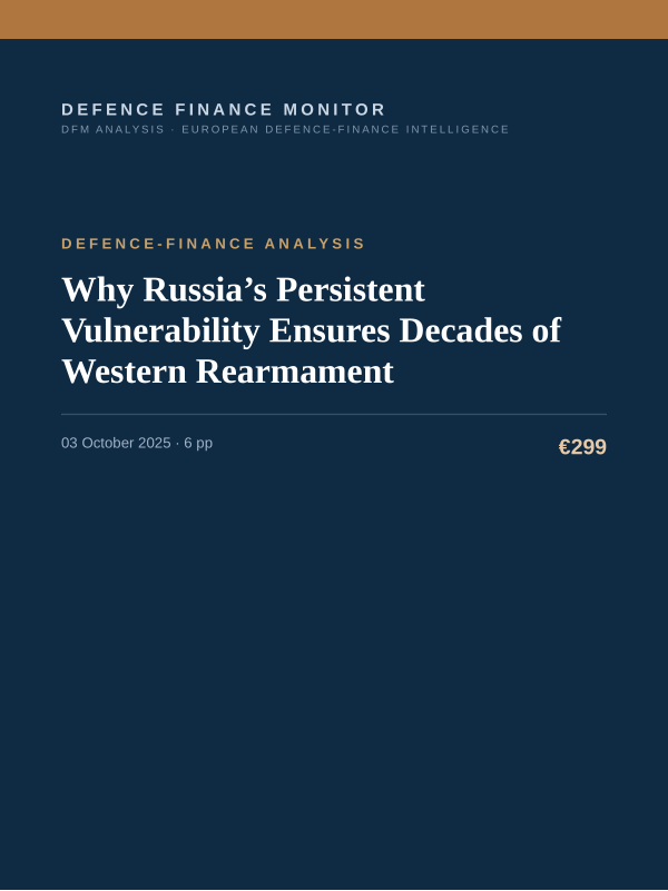 Cover of the DFM report “Why Russia’s Persistent Vulnerability Ensures Decades of Western Rearmament” — Defence-Finance Analysis, 6-page PDF