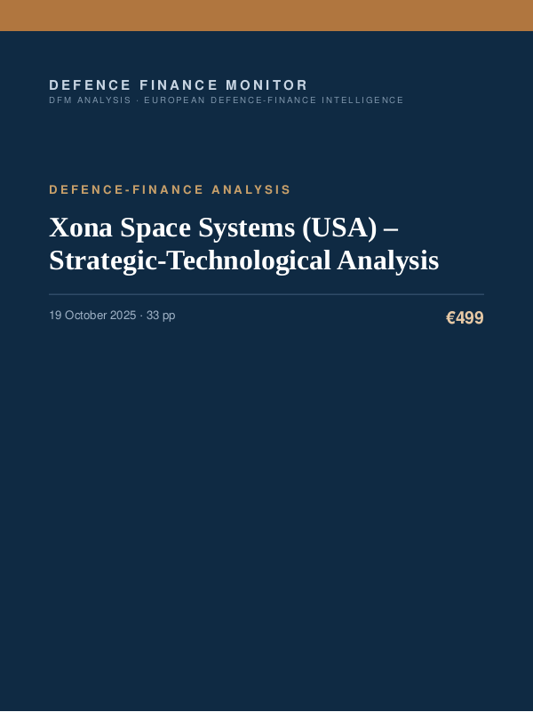 Cover of the DFM report “Xona Space Systems (USA) – Strategic-Technological Analysis” — Defence-Finance Analysis, 33-page PDF