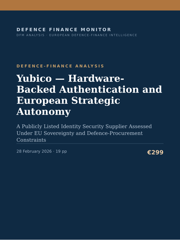 Cover of the DFM report “Yubico — Hardware-Backed Authentication and European Strategic Autonomy” — Defence-Finance Analysis, 19-page PDF
