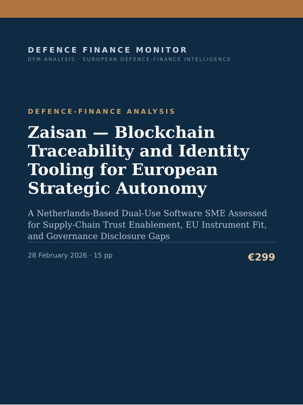 Cover of the DFM report “Zaisan — Blockchain Traceability and Identity Tooling for European Strategic Autonomy” — Defence-Finance Analysis, 15-page PDF