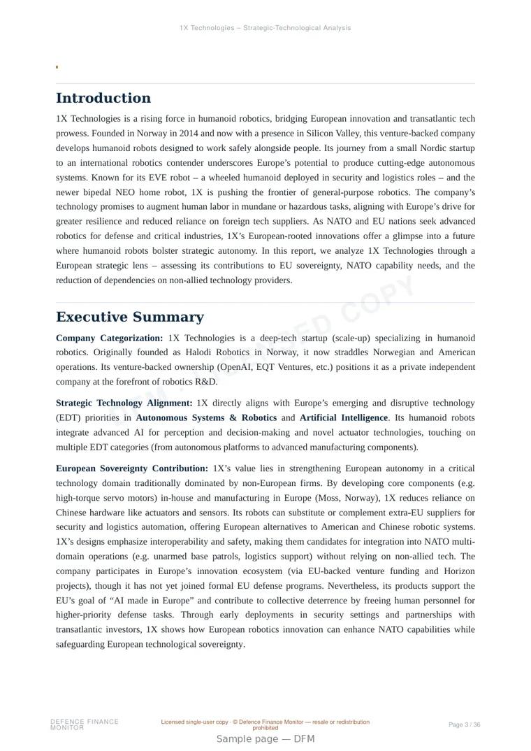 Sample page from “1X Technologies — Norway autonomous systems company” — 37-page report