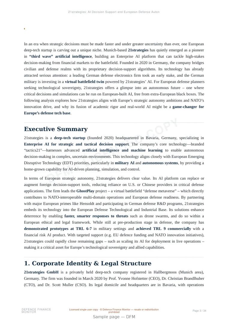 Sample page from “21strategies: AI Decision Support and European Defense Autonomy” — 35-page report