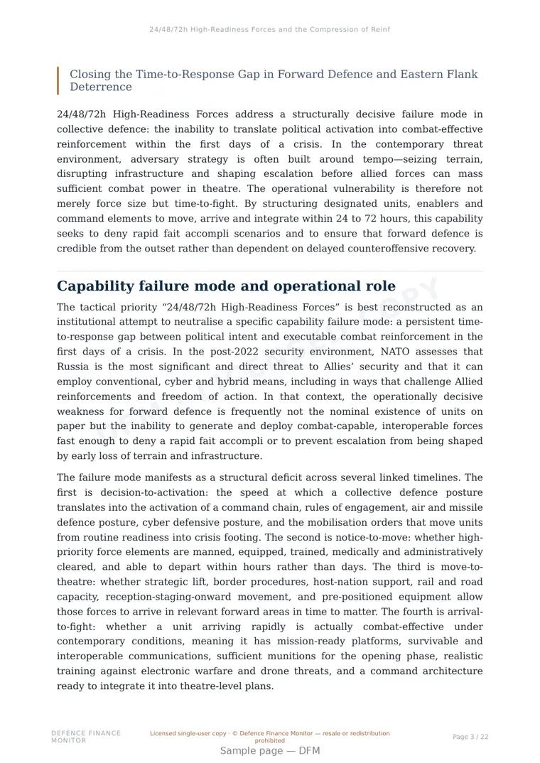 Sample page from “24/48/72h High-Readiness Forces and the Compression of Reinforcement Timelines” — 23-page report
