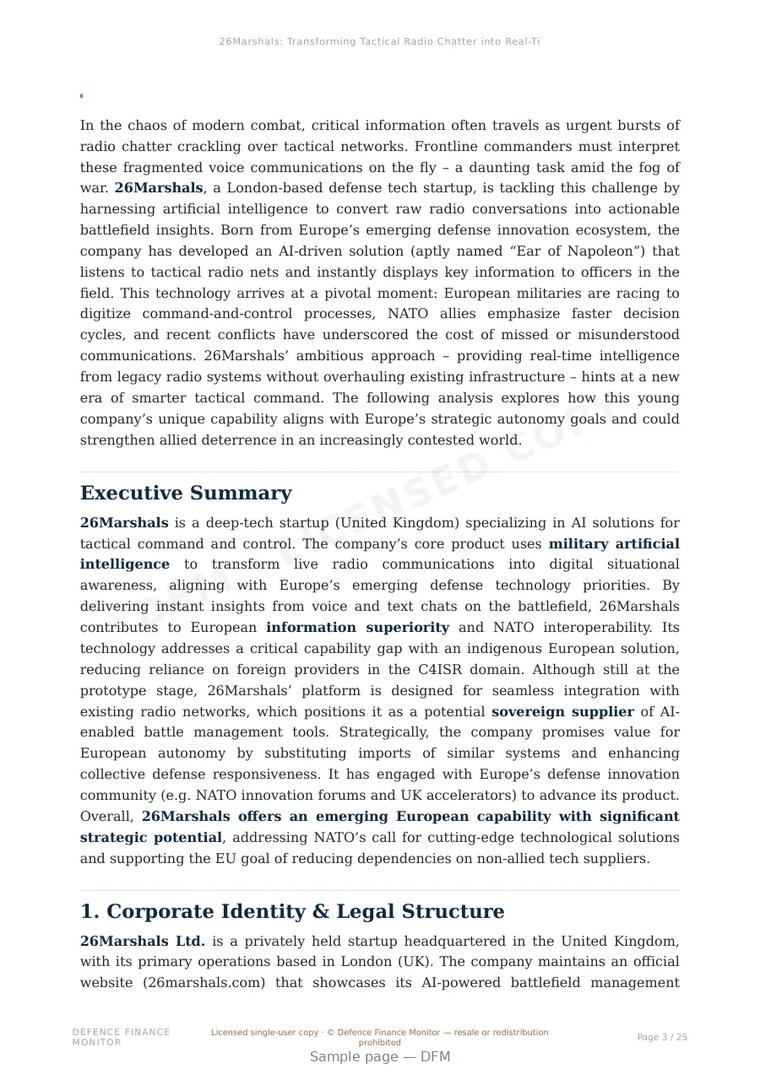 Sample page from “26Marshals: Transforming Tactical Radio Chatter into Real-Time Battlefield Intelligence” — 26-page report
