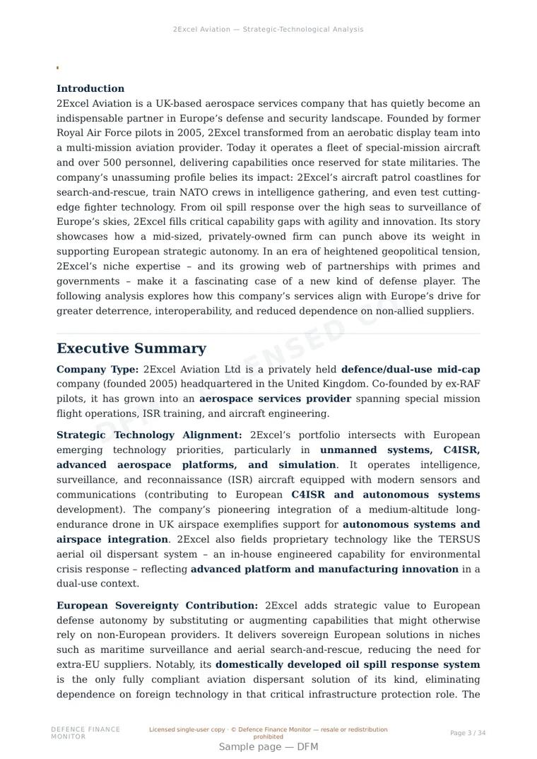 Sample page from “2Excel Aviation — United Kingdom air platforms company” — 35-page report