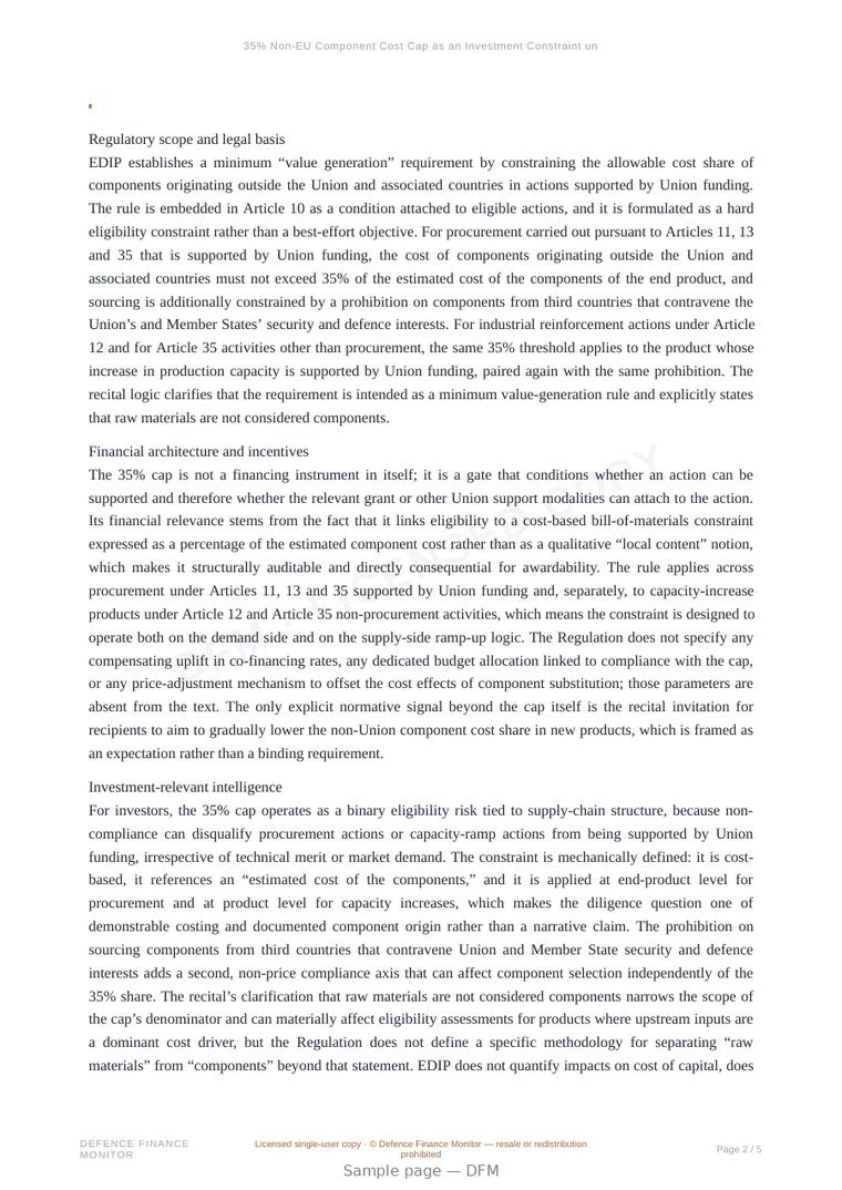Sample page from “35% Non-EU Component Cost Cap as an Investment Constraint under EDIP” — 6-page report