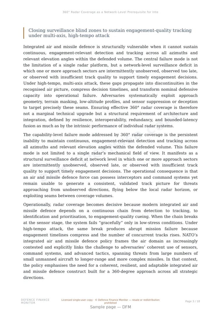 Sample page from “360° Radar Coverage as a Network-Level Prerequisite for Integrated Air and Missile Defence” — 19-page report