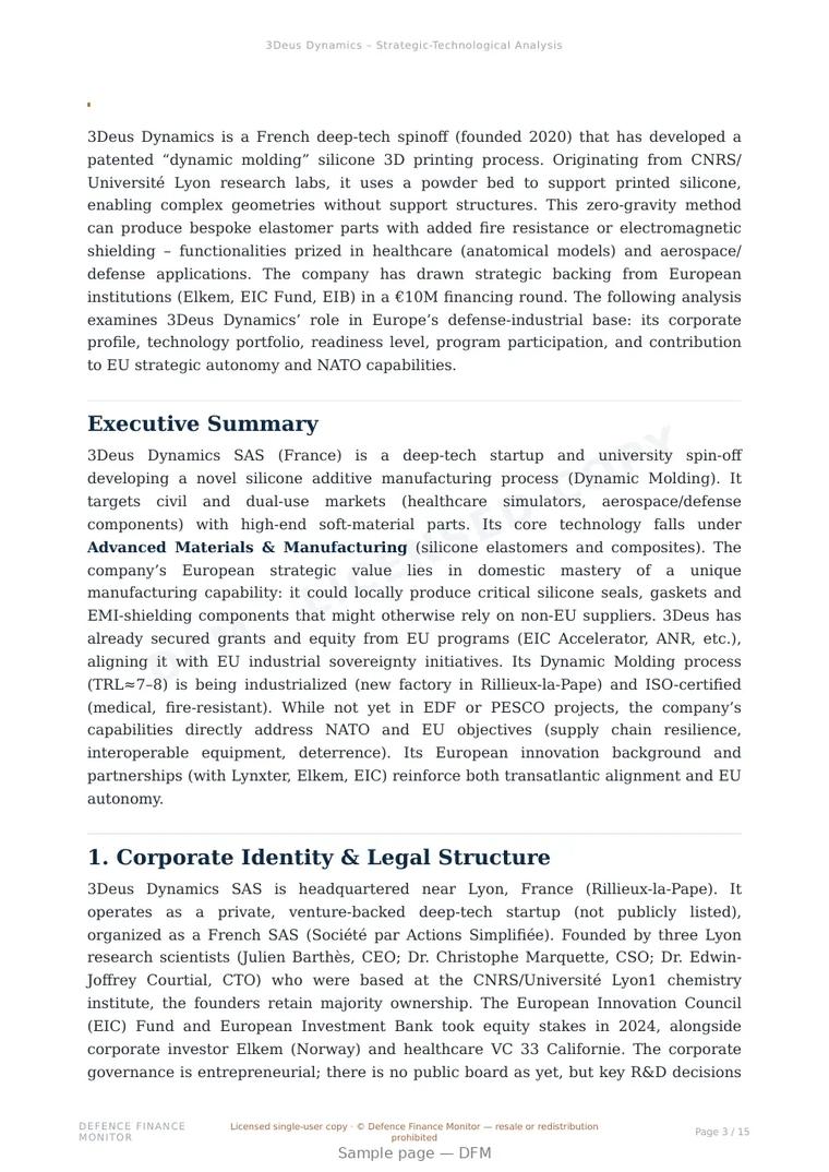 Sample page from “3Deus Dynamics — France additive manufacturing company” — 16-page report