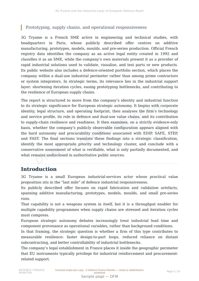 Sample page from “3G Tryame and the Industrial Layer of European Defence Readiness” — 16-page report