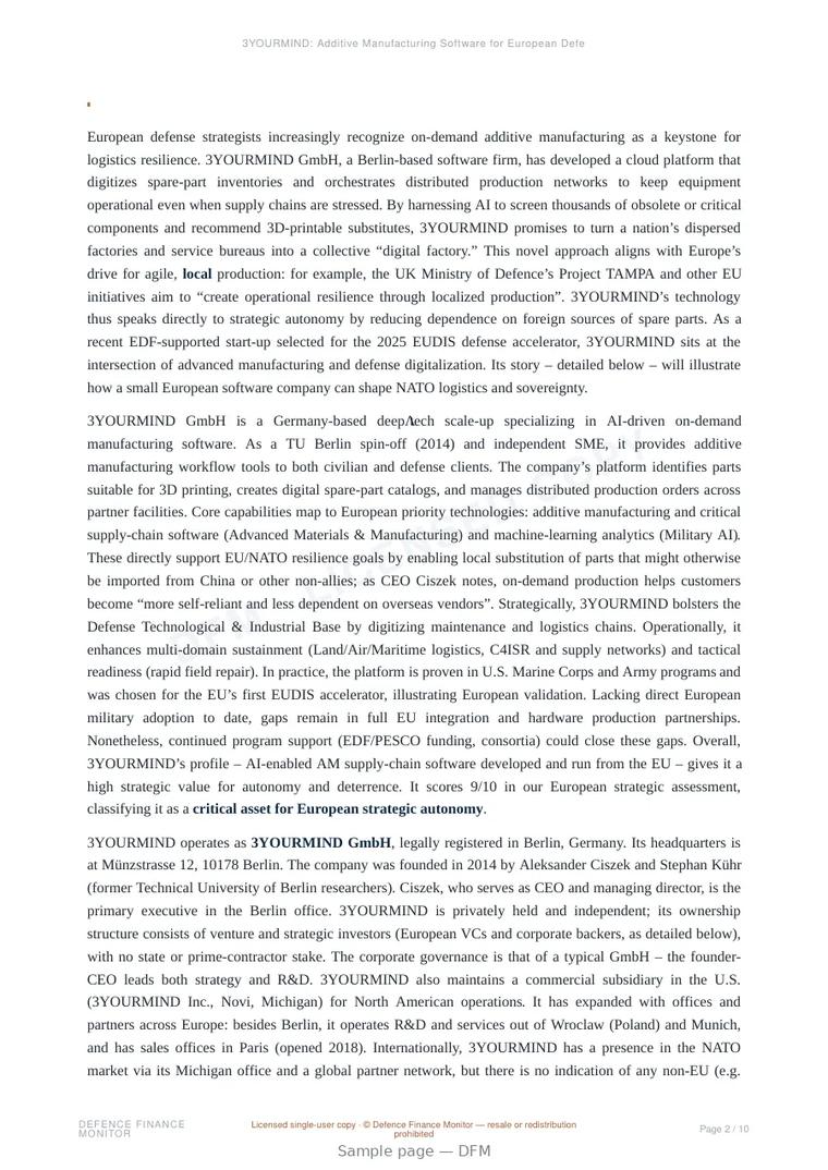 Sample page from “3YOURMIND: Additive Manufacturing Software for European Defense Resilience” — 11-page report