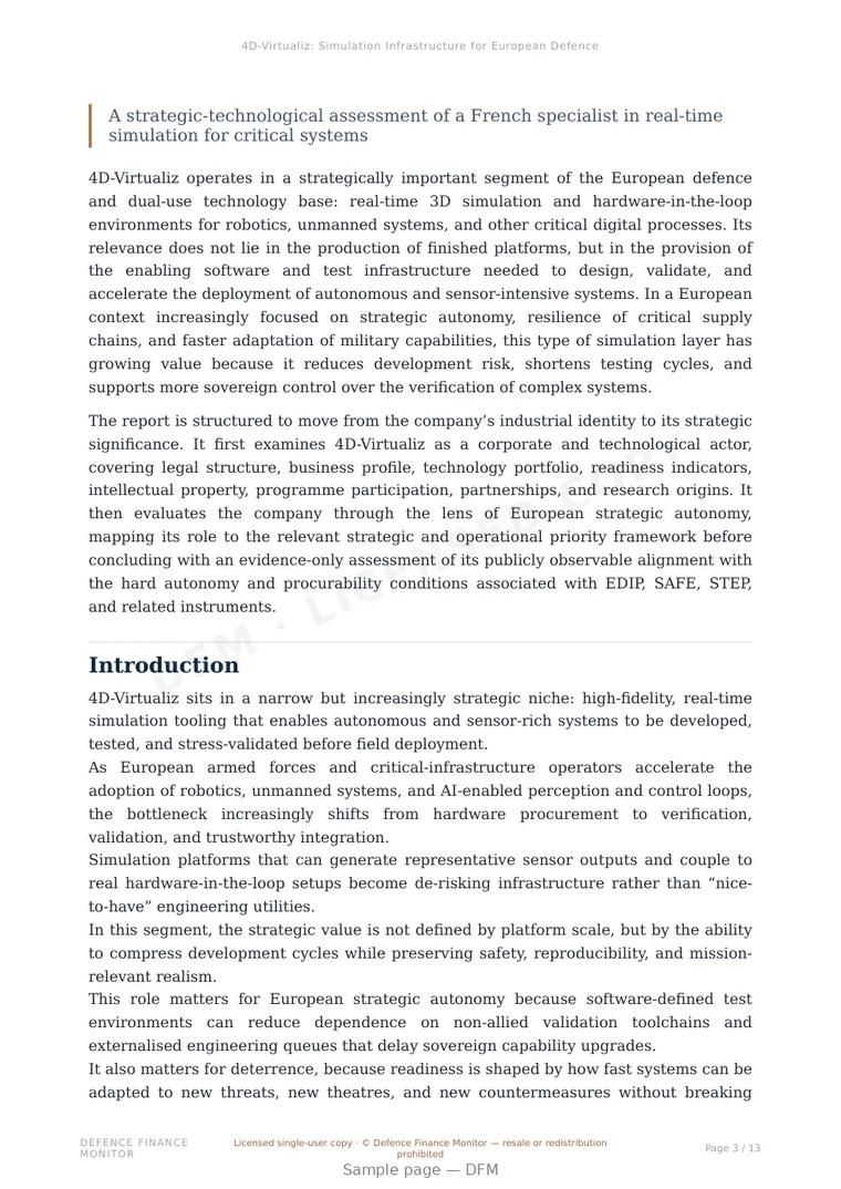 Sample page from “4D-Virtualiz: Simulation Infrastructure for European Defence Autonomy” — 14-page report