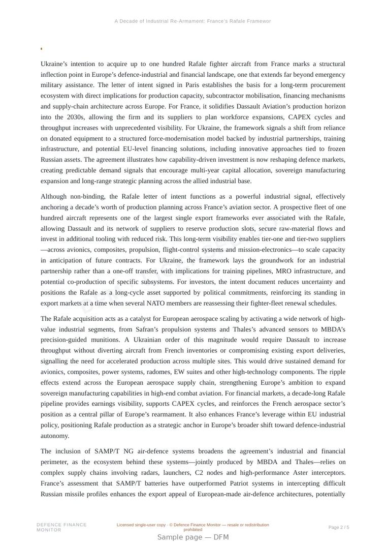 Sample page from “A Decade of Industrial Re-Armament: France’s Rafale Framework with Ukraine” — 6-page report