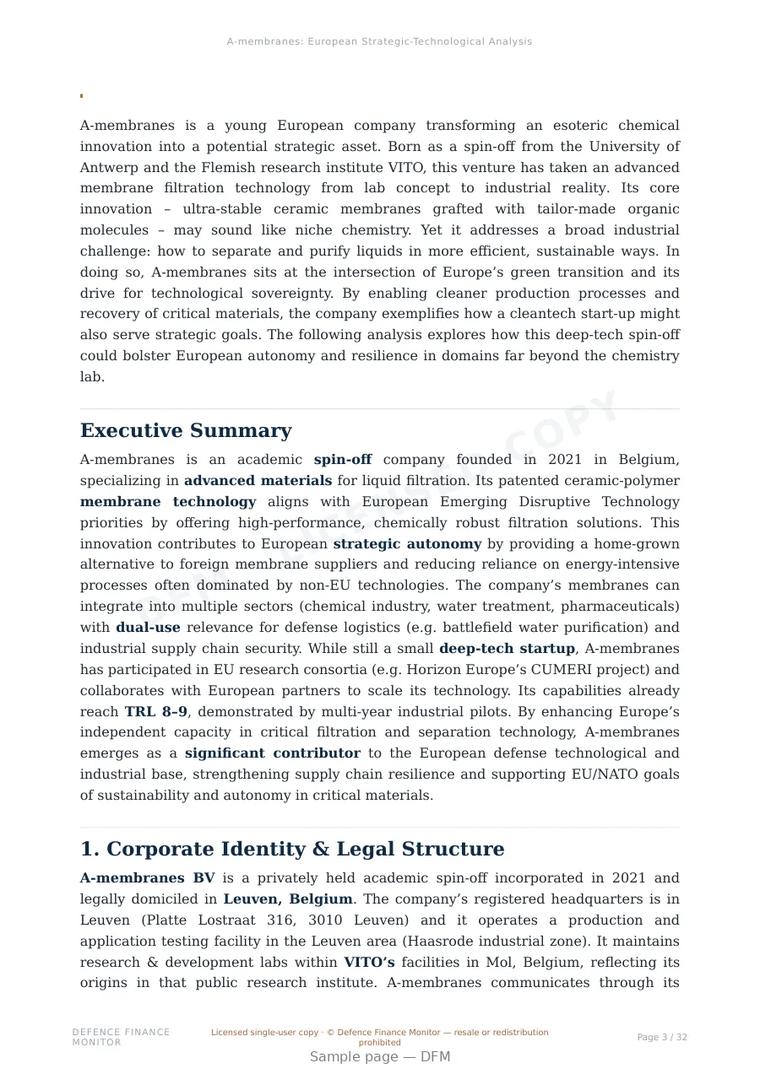 Sample page from “A-membranes — Belgium advanced materials company” — 33-page report