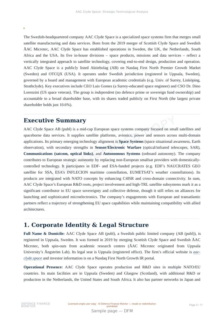 Sample page from “AAC Clyde Space — Sweden satellite platforms company” — 18-page report
