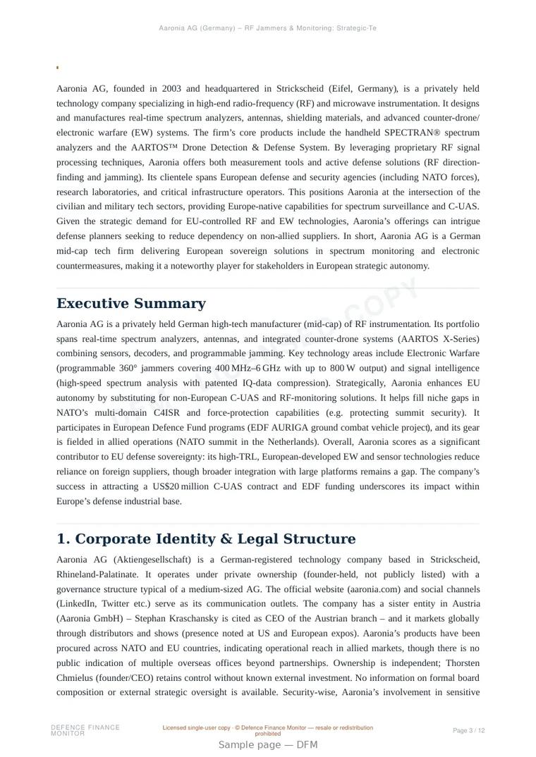 Sample page from “Aaronia AG — Germany defence company” — 13-page report