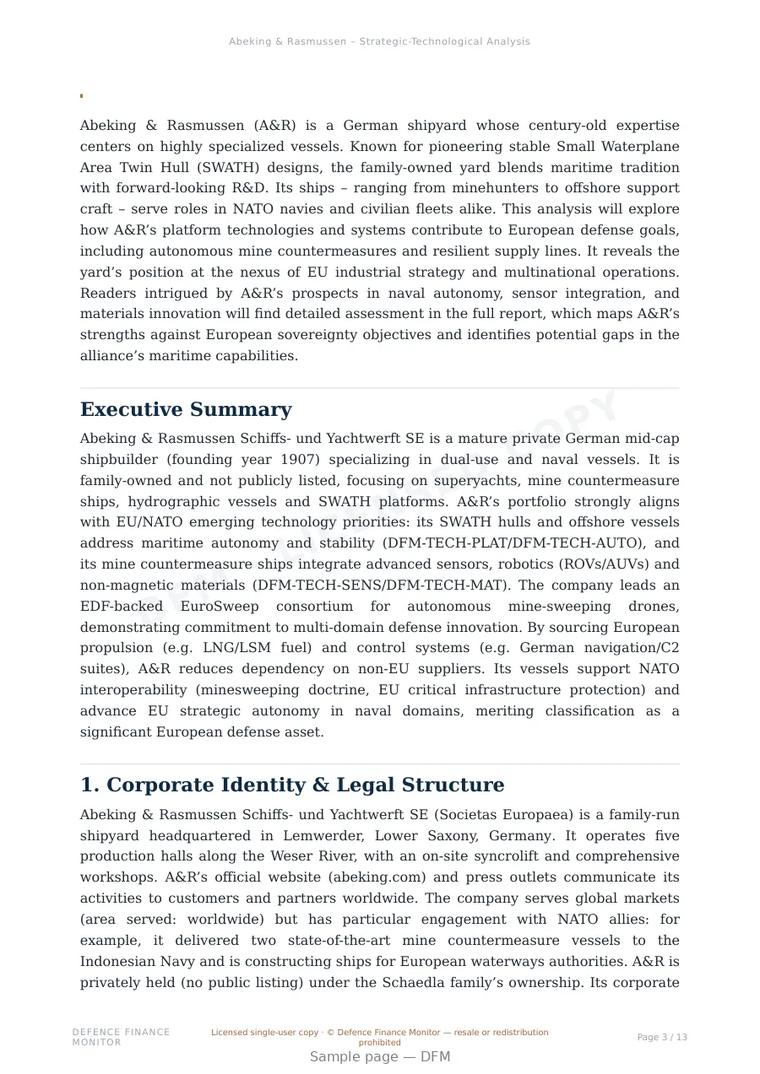 Sample page from “Abeking & Rasmussen (A&R) — Germany naval platforms company” — 14-page report
