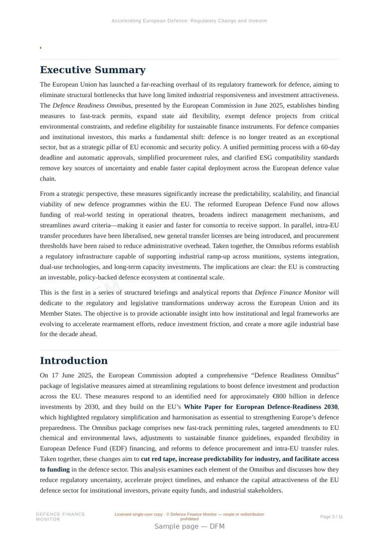 Sample page from “Accelerating European Defence: Regulatory Change and Investment Impact” — 12-page report