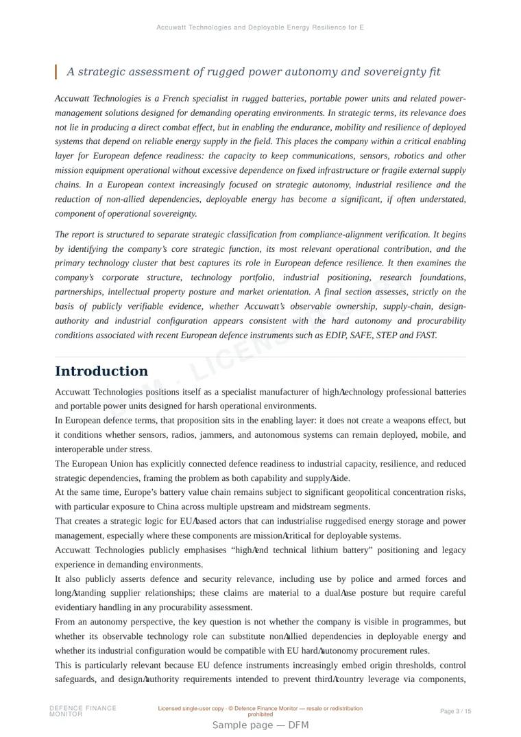 Sample page from “Accuwatt Technologies and Deployable Energy Resilience for European Defence” — 16-page report