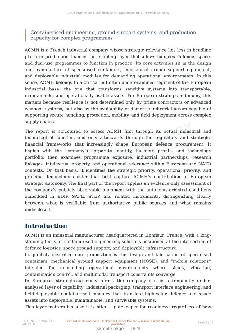 Sample page from “ACMH France and the Industrial Backbone of European Strategic Autonomy” — 18-page report