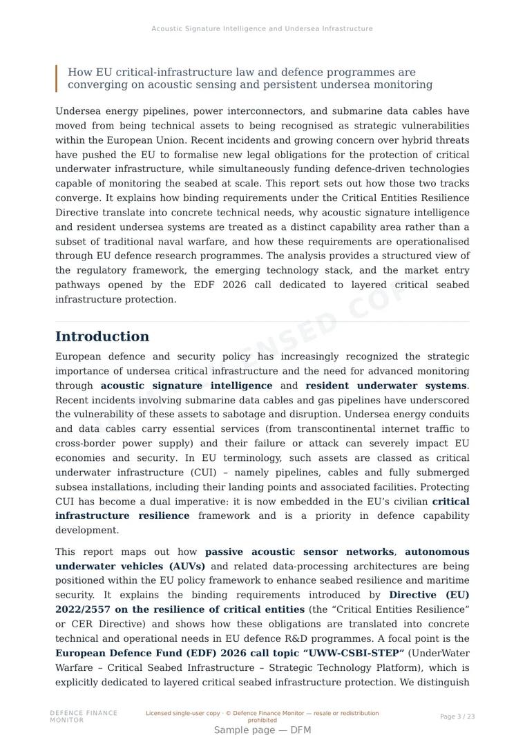 Sample page from “Acoustic Signature Intelligence and Undersea Infrastructure Monitoring: EU Requirements, Technologies, and Market Entry Pathways” — 24-page report
