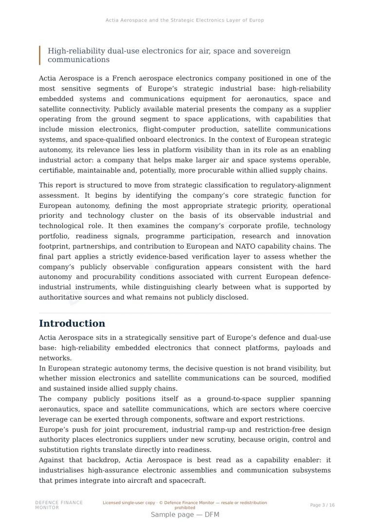 Sample page from “Actia Aerospace and the Strategic Electronics Layer of European Autonomy” — 17-page report