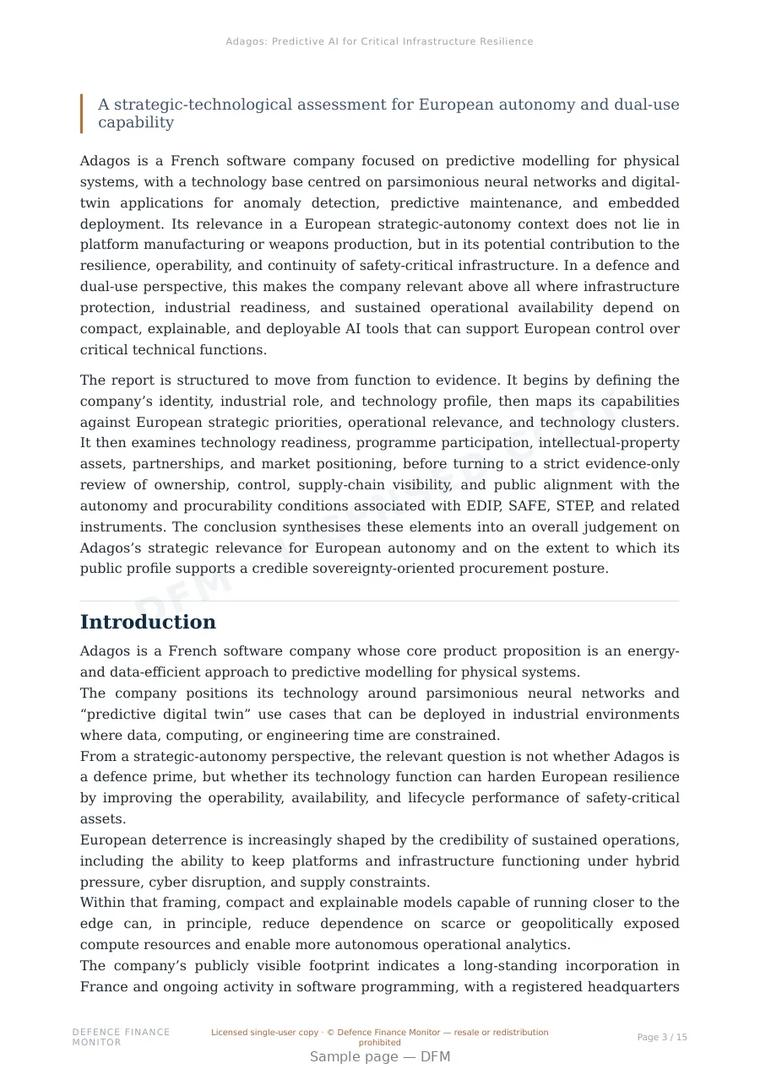 Sample page from “Adagos: Predictive AI for Critical Infrastructure Resilience” — 16-page report