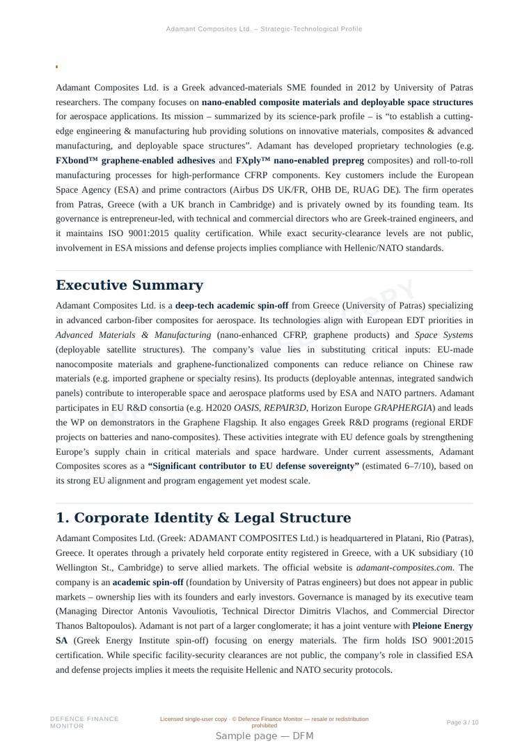 Sample page from “Adamant Composites Ltd. – Strategic-Technological Profile” — 11-page report