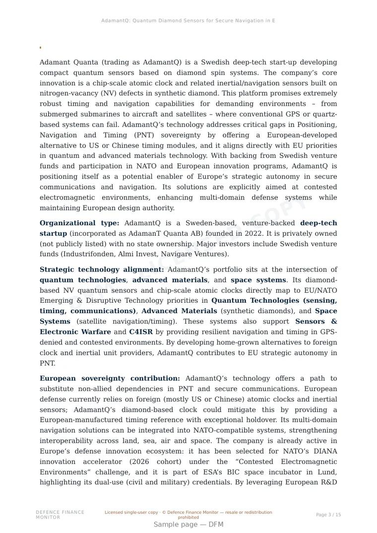 Sample page from “AdamantQ: Quantum Diamond Sensors for Secure Navigation in European Defence” — 16-page report