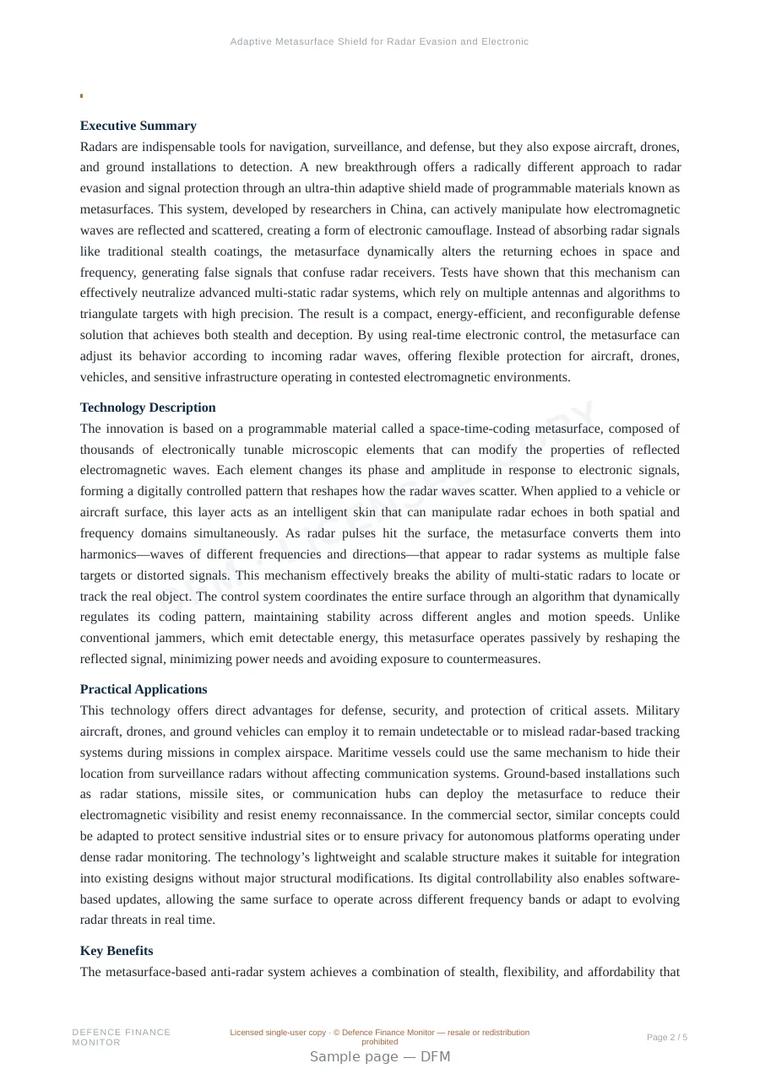 Sample page from “Adaptive Metasurface Shield for Radar Evasion and Electronic Protection” — 6-page report