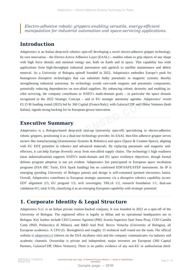 Sample page from “Adaptronics — Electro-Adhesive Gripping Technology for Robotics” — 14-page report