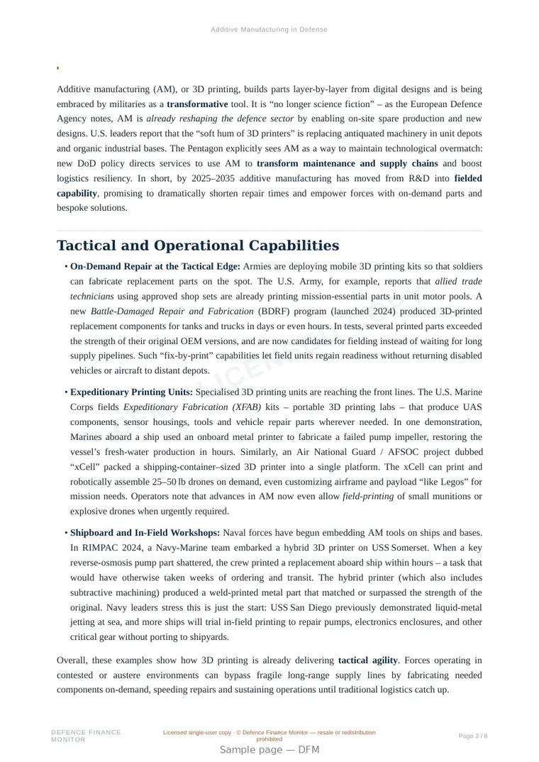 Sample page from “Additive Manufacturing in Defense” — 9-page report
