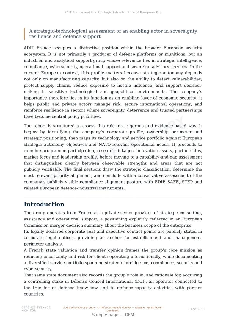 Sample page from “ADIT France and the Strategic Infrastructure of European Economic Security” — 16-page report