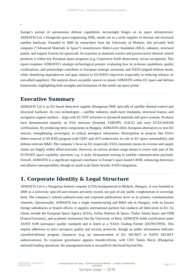 Sample page from “ADMATIS Ltd — Hungary satellite platforms company” — 12-page report