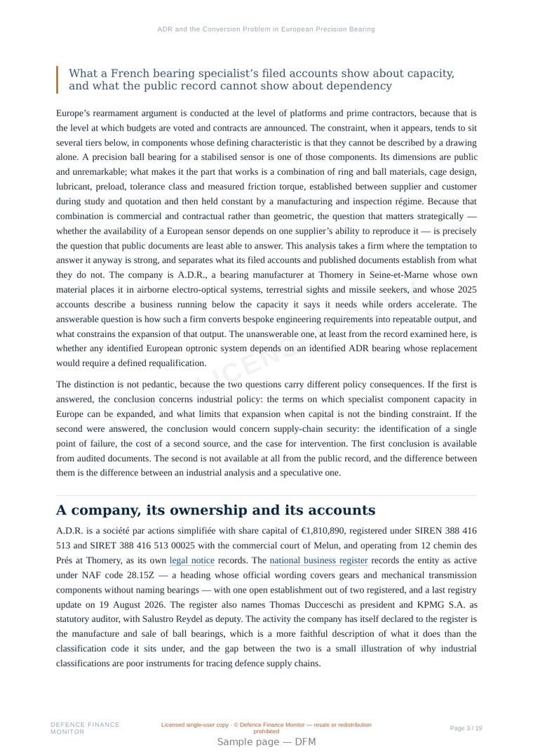 Sample page from “ADR and the Conversion Problem in European Precision Bearings” — 20-page report