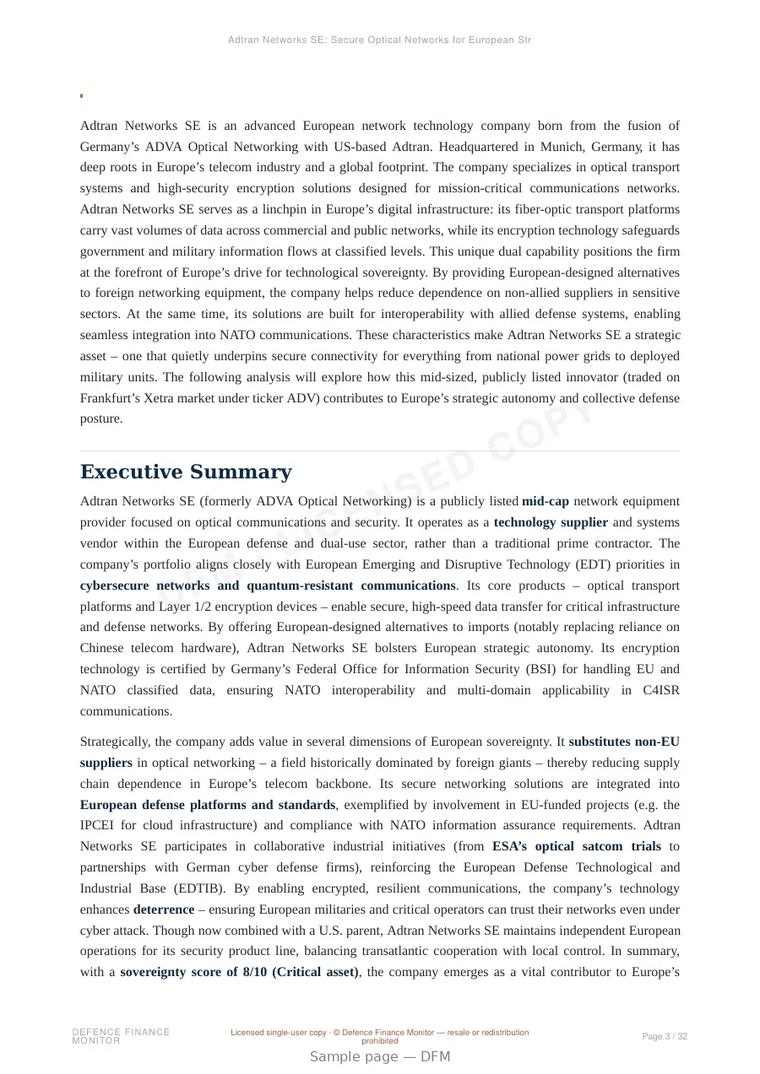 Sample page from “Adtran Networks SE: Secure Optical Networks for European Strategic Autonomy” — 33-page report