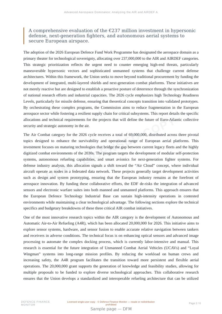 Sample page from “Advanced Aerospace Dominance: Analyzing the AIR and AIRDEF Allocations in the 2026 EDF” — 7-page report
