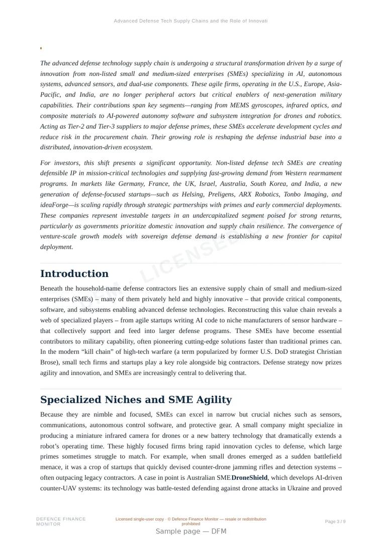 Sample page from “Advanced Defense Tech Supply Chains and the Role of Innovative SMEs” — 10-page report