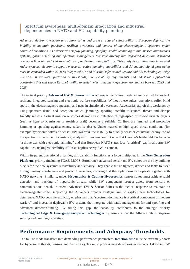 Sample page from “Advanced Electronic Warfare and Sensor Suites in European Defence” — 9-page report