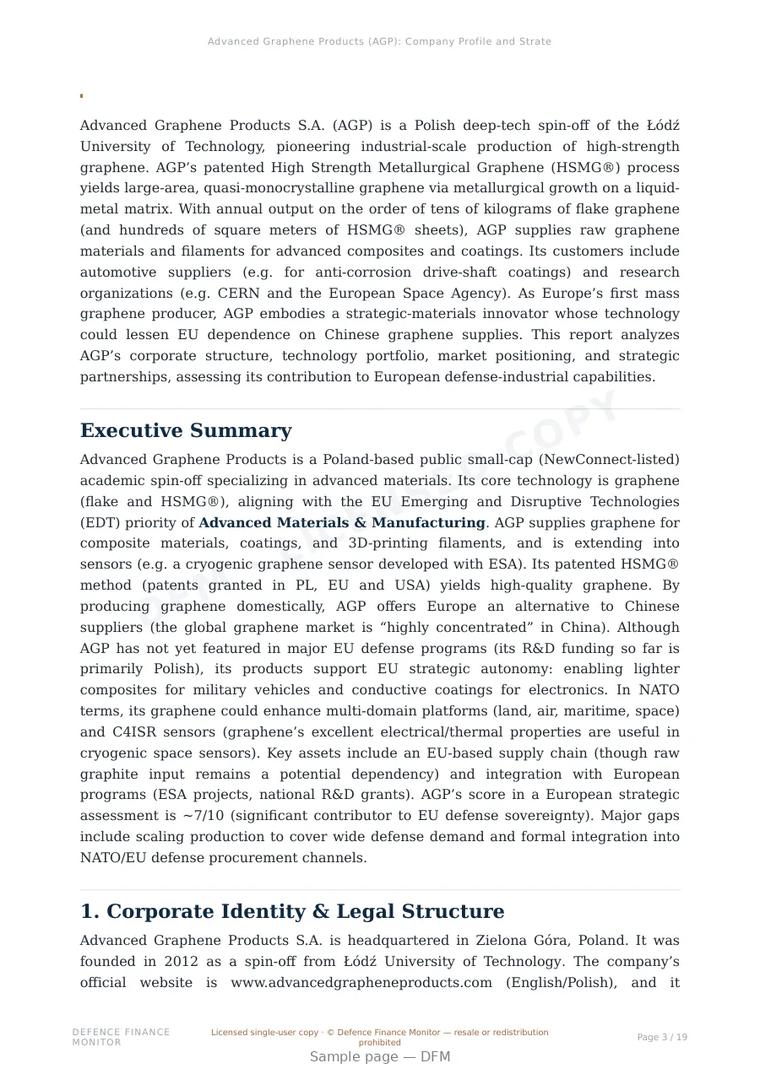 Sample page from “Advanced Graphene Products S.A. (AGP) — Poland nanomaterials company” — 20-page report